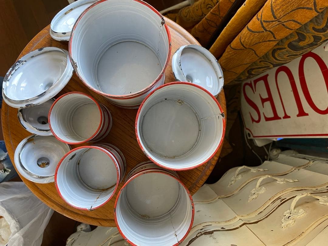 フランス　アンティーク　ホーロー　キャニスター　5個　ホワイト　レッド　ライン