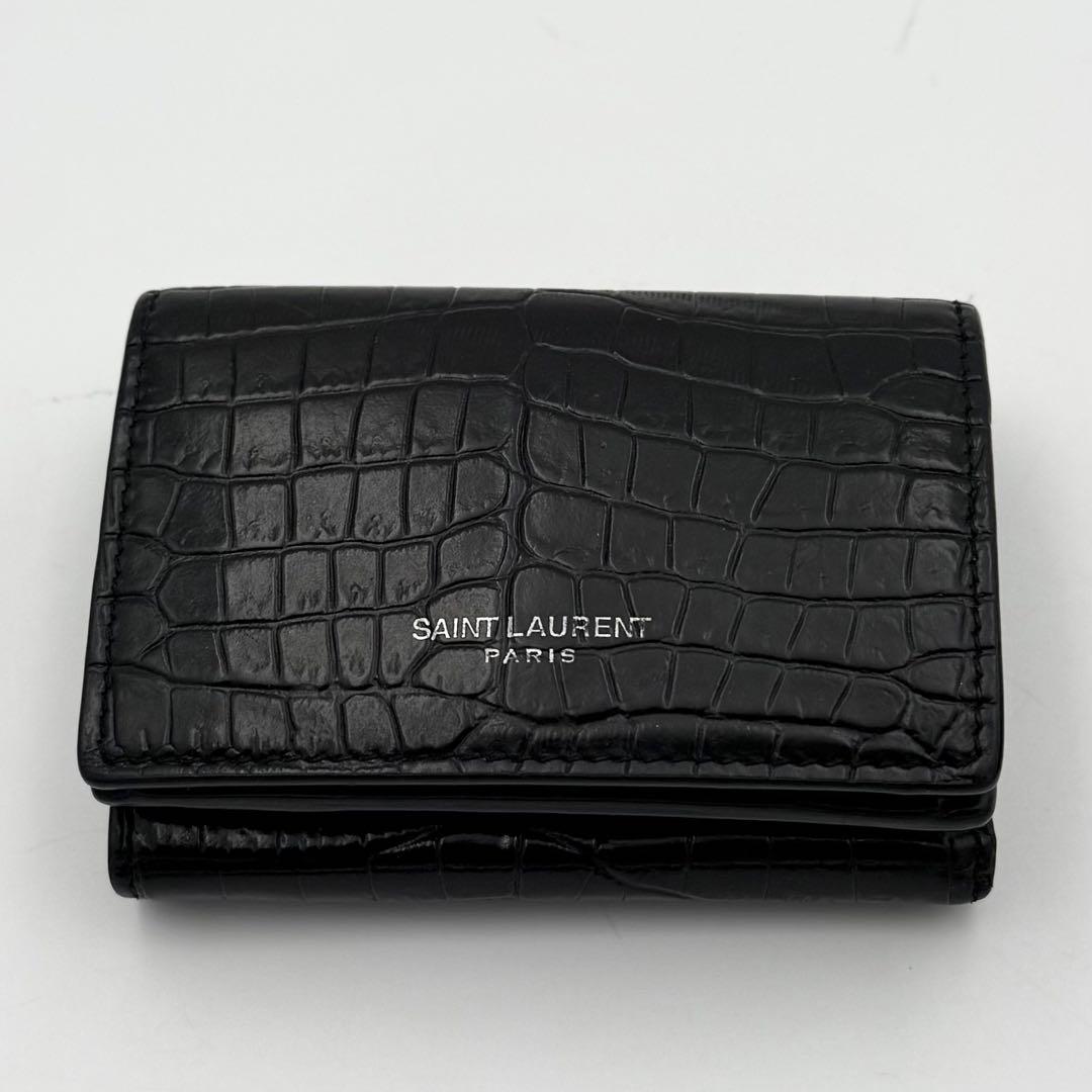 美品✨ Saint Laurent 3つ折り財布 クロコ型押し ブラック レザー