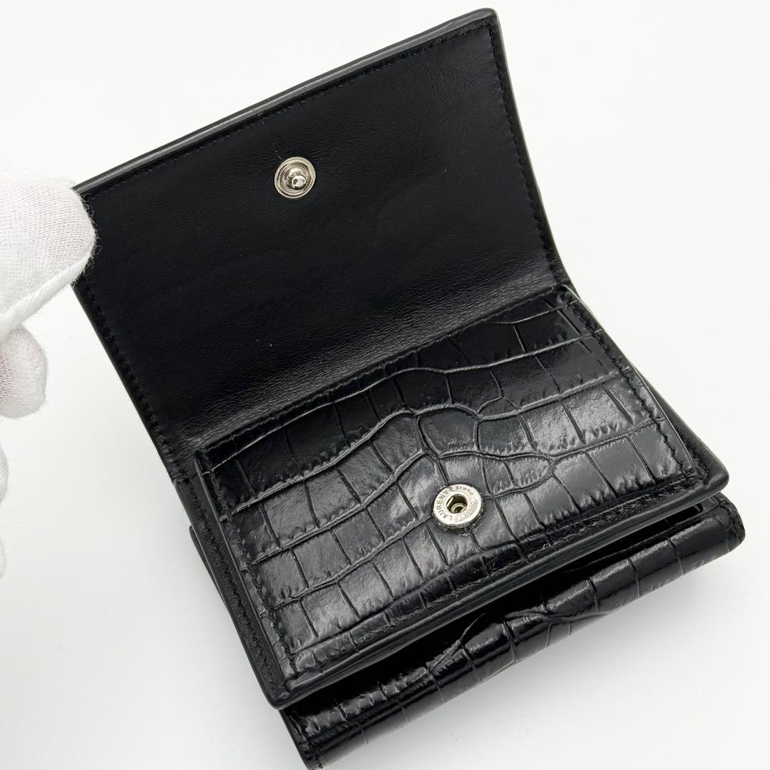 美品✨ Saint Laurent 3つ折り財布 クロコ型押し ブラック レザー