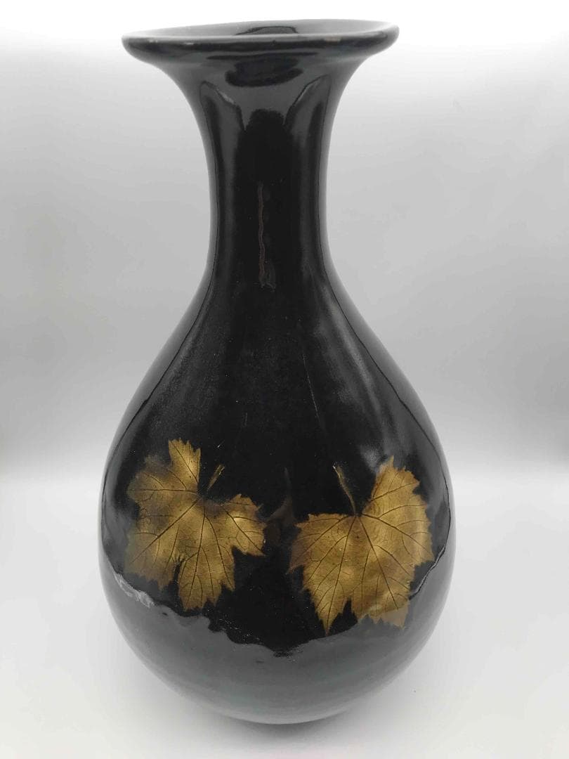 宋 吉州窯黑釉木葉紋玉壺春瓶 古賞物　時代物　唐物 中国古美術(C-32)