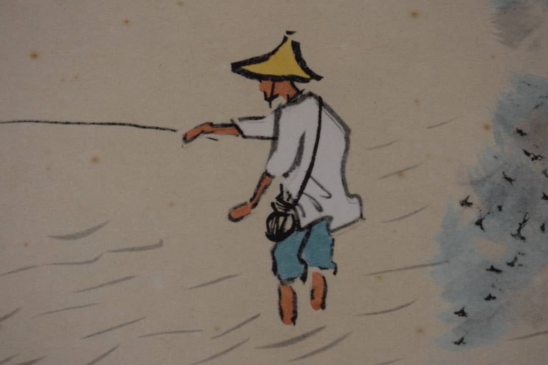 【複製】川合玉堂/清流釣魚/釣人図/横物/工芸品/掛軸☆宝船☆Y-451　JM