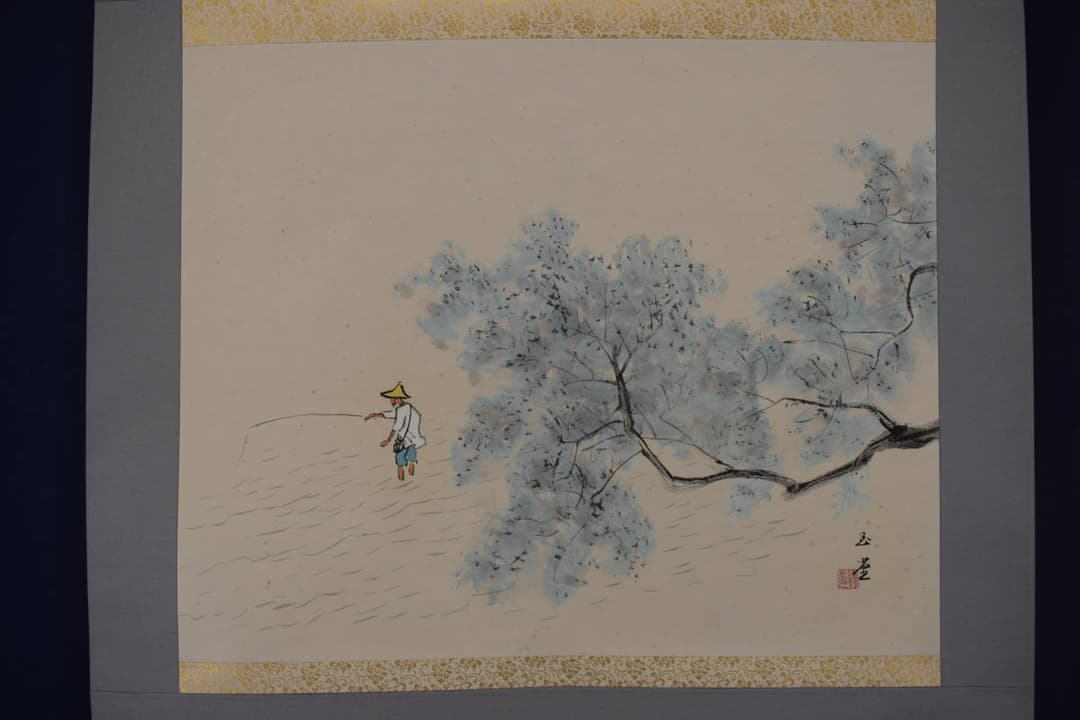 【複製】川合玉堂/清流釣魚/釣人図/横物/工芸品/掛軸☆宝船☆Y-451　JM