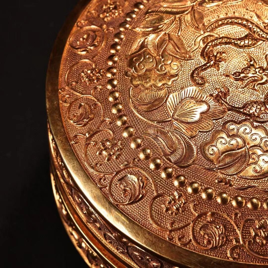 中国古美術・旧藏紫銅鎏金龍の首飾箱・細密彫・純手作り・高浮彫・文房・置物・茶道具