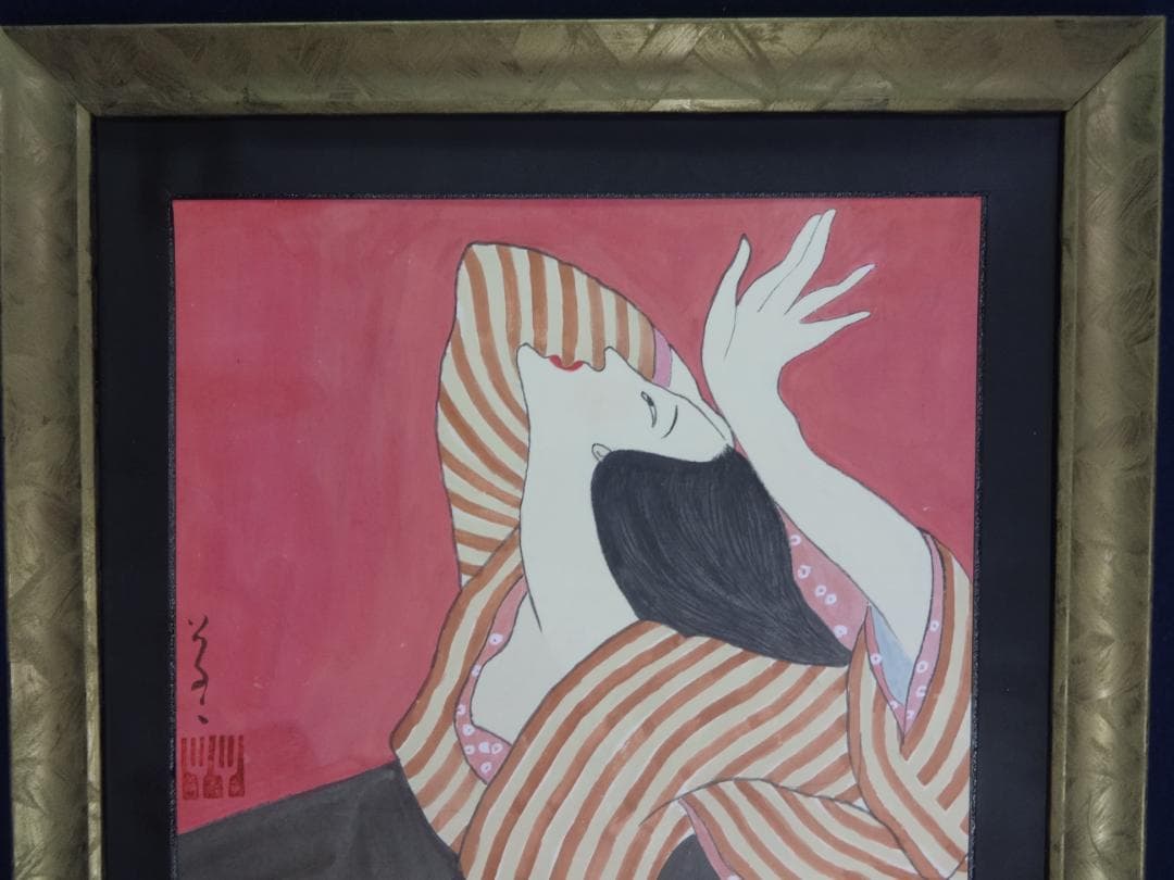 竹久夢二 着物美人 肉筆水彩画・夢二式美人 だらり帯・大正ロマン・ty06g