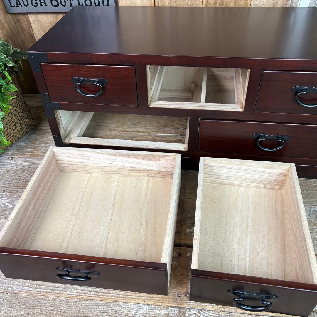 民芸家具☆木製桐材天然無垢和タンスチェスト横長（80㎝）飾り棚収納家具和室