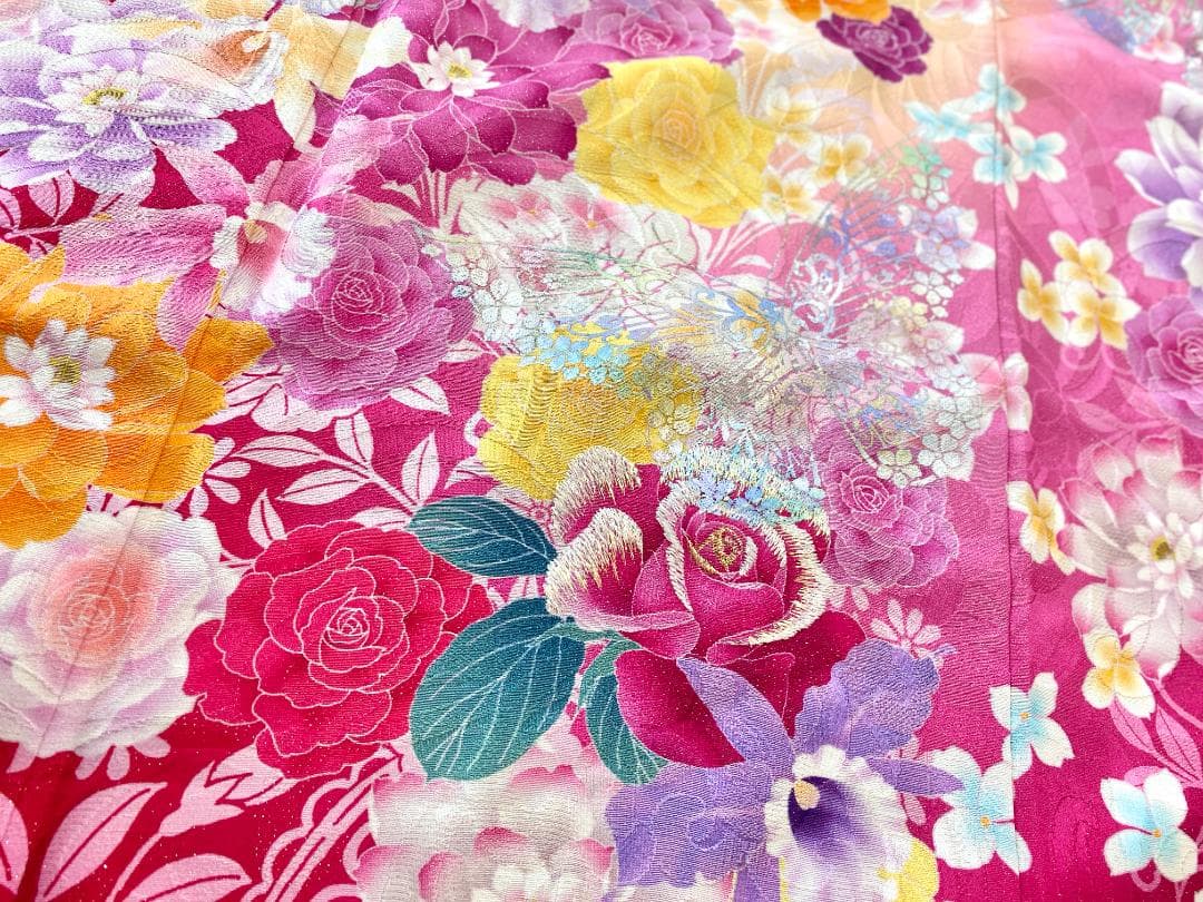 akmx187 正絹 振袖 銀通し イエロー パールトーン加工 ９号 花柄