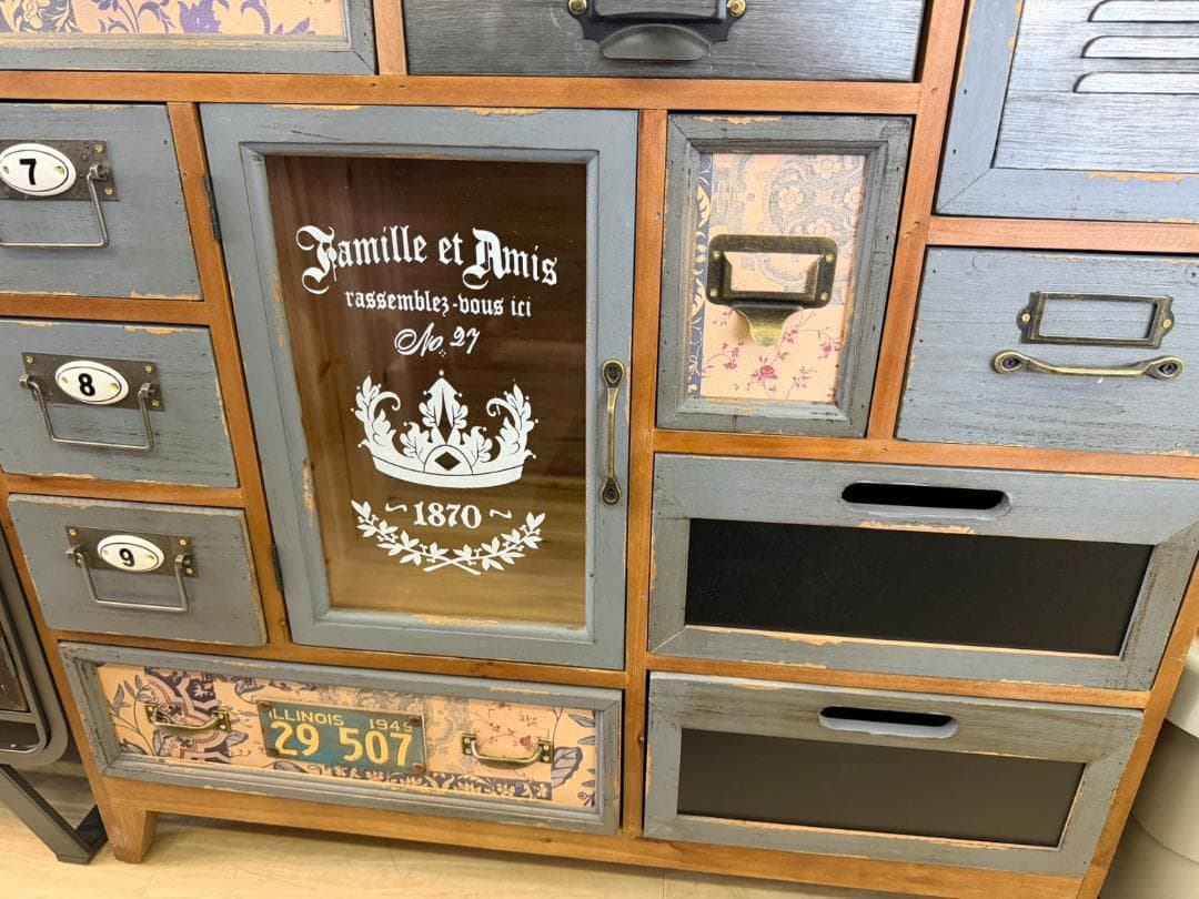 天然木　スチール　キャビネット　インダストリアル　チェスト　引出　レトロ　棚