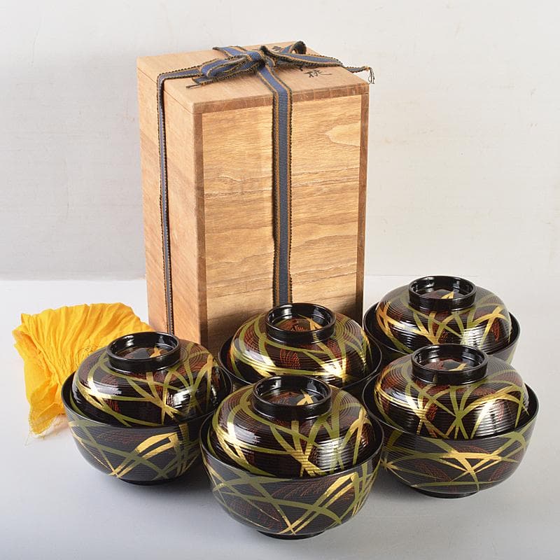 茶道具　山中塗　塗師　辻石斎造　糸目尾花椀　五客　共布共箱　U　R7473