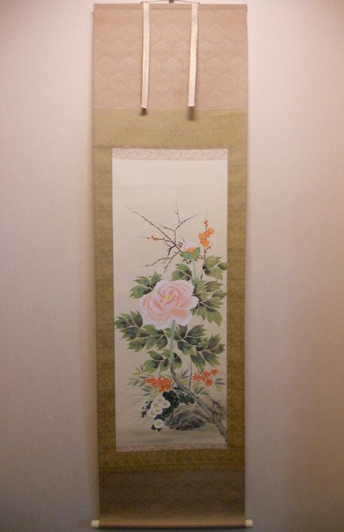 掛け軸 玉苑 四季花 絹本 希少 軸装 茶道具 掛軸 美品 です。
