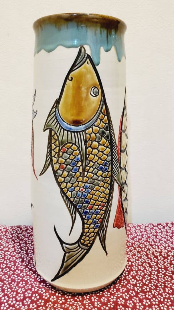 ⑥宮城三成 魚紋 大筒壺 鮮やか 人間国宝孫 やちむん 沖縄