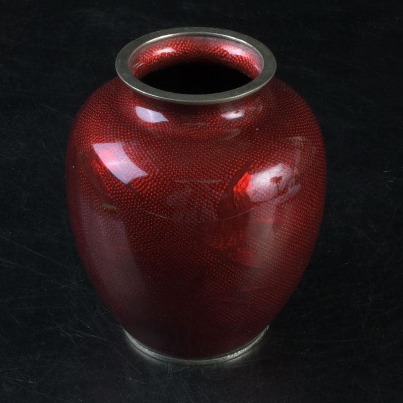 七宝焼　赤透釉　花文　花瓶　V　9604