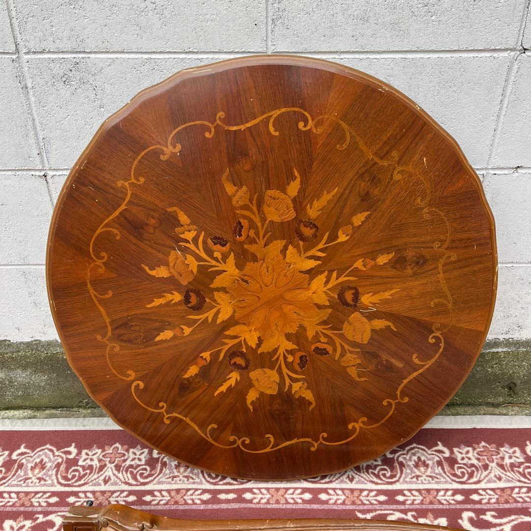 ビンテージ古家具◾️象嵌デザイン×猫脚 ラウンドテーブル 丸テーブル アンティーク