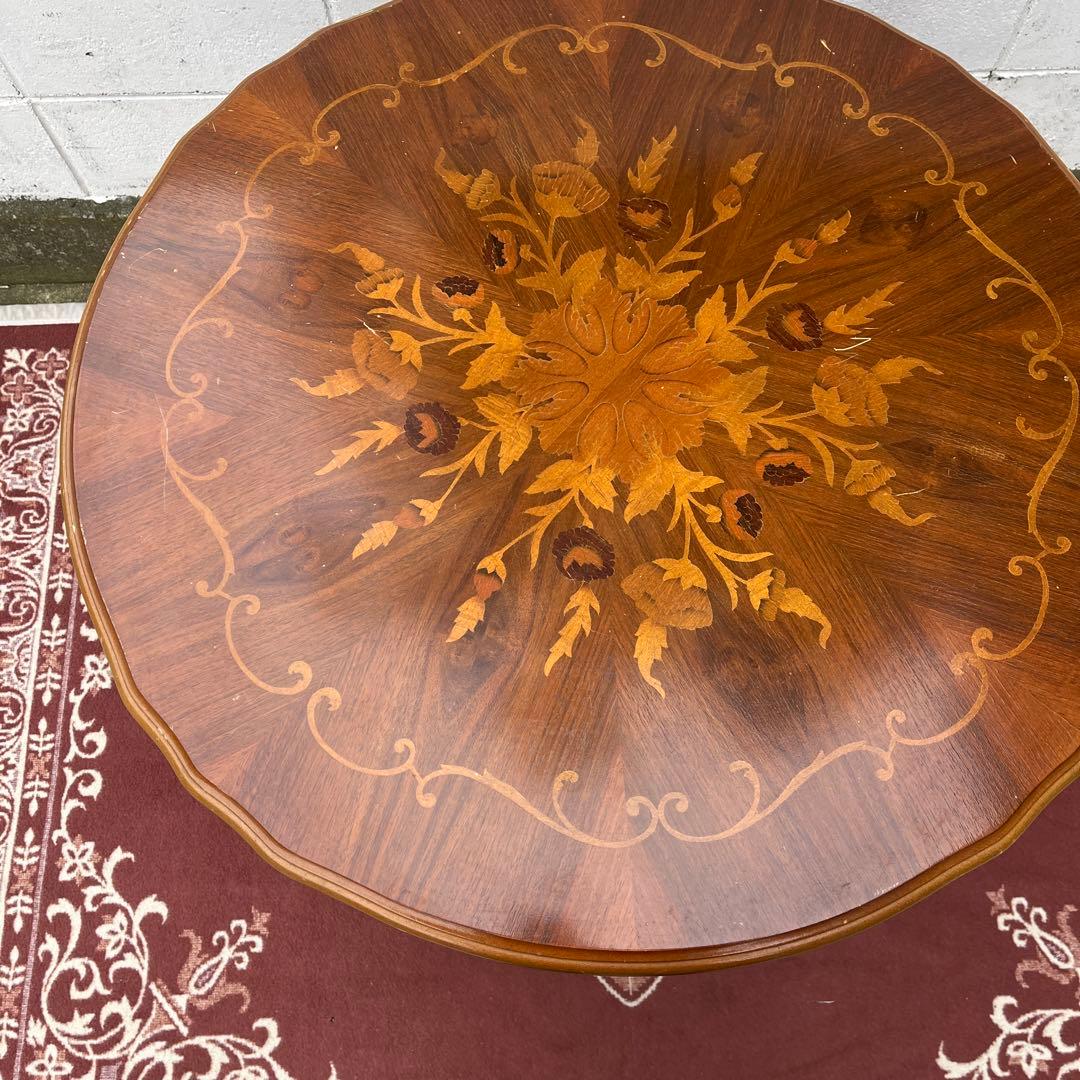 ビンテージ古家具◾️象嵌デザイン×猫脚 ラウンドテーブル 丸テーブル アンティーク