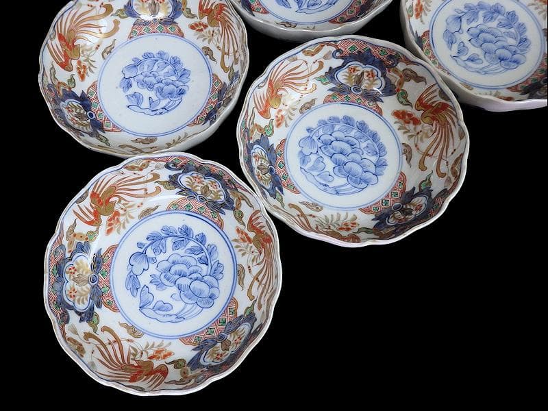 古伊万里　色絵　鳳凰に牡丹の図　膾皿　５客　C380AS-CZf