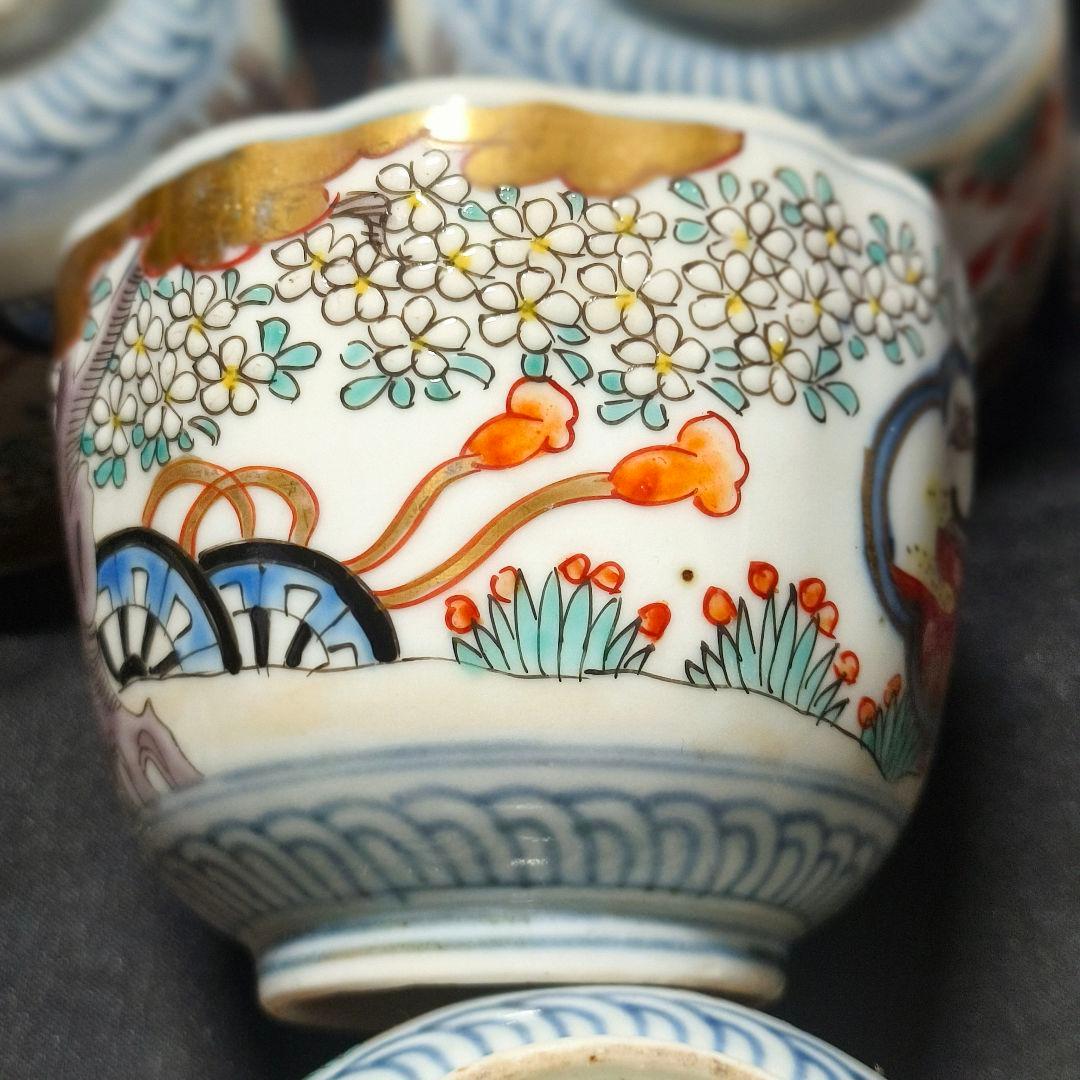古伊万里 色絵蕎麦猪口5客 金縁 風景文 手描き 時代物 明治骨董 旧家蔵出し