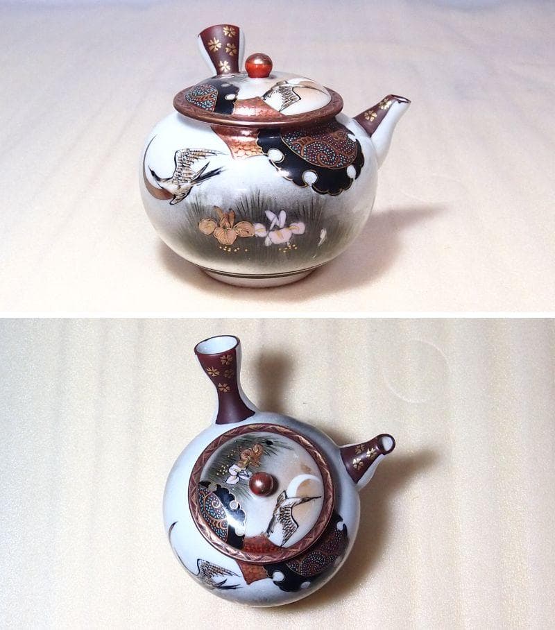 【骨董・時代の美品】九谷焼 茶器揃 5客 湯呑茶碗/湯冷まし/急須 鶴/花/青粒