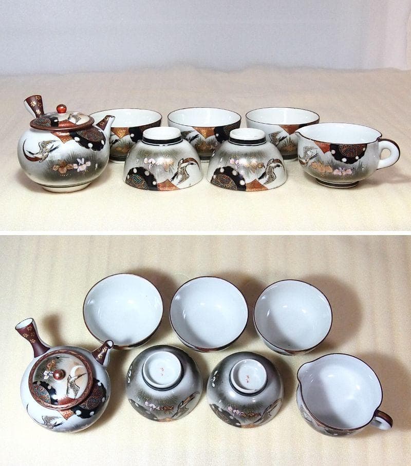 【骨董・時代の美品】九谷焼 茶器揃 5客 湯呑茶碗/湯冷まし/急須 鶴/花/青粒