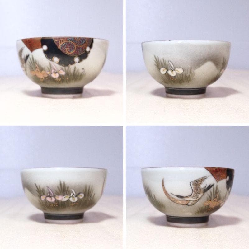 【骨董・時代の美品】九谷焼 茶器揃 5客 湯呑茶碗/湯冷まし/急須 鶴/花/青粒