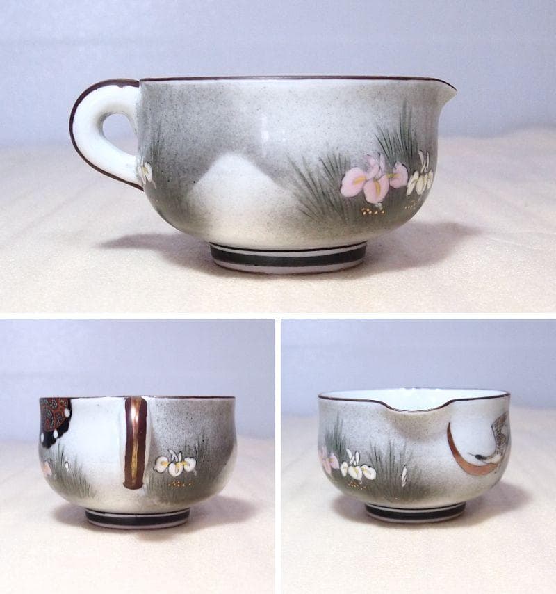 【骨董・時代の美品】九谷焼 茶器揃 5客 湯呑茶碗/湯冷まし/急須 鶴/花/青粒