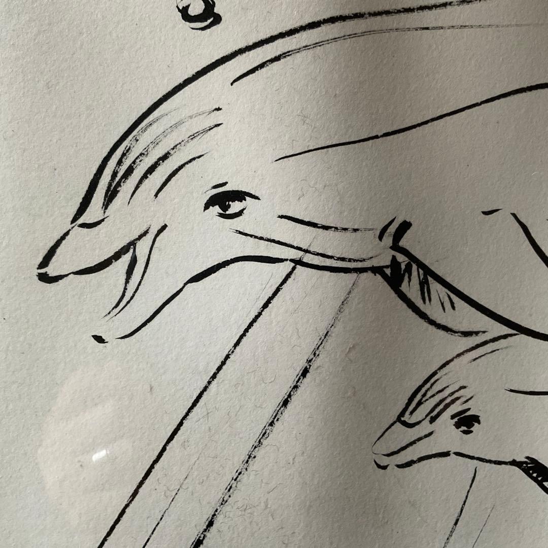 ラッセン 毛筆スケッチ(オリジナル原画)ドローイング　直筆サイン有　イルカの親子