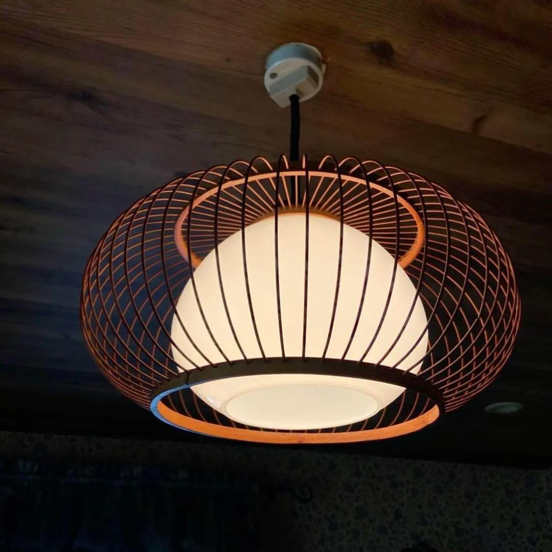 竹細工　天井照明　ペンダントライト　硝子シェード　和モダン　昭和レトロ