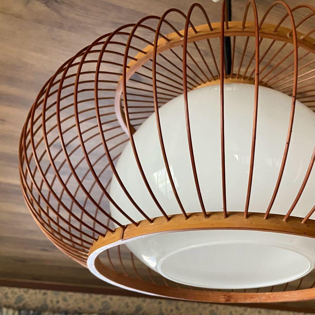 竹細工　天井照明　ペンダントライト　硝子シェード　和モダン　昭和レトロ