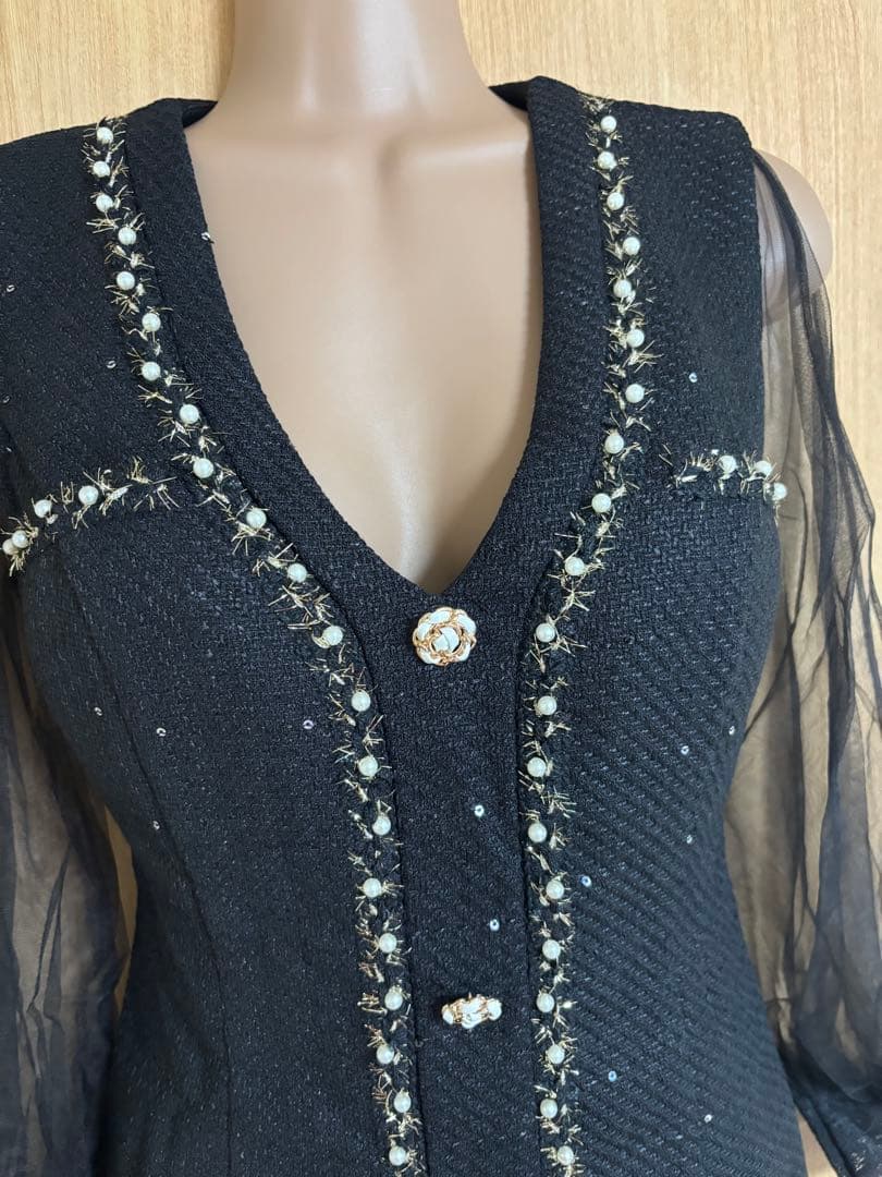 ツイードオープンショルダースリーブドレスbkL