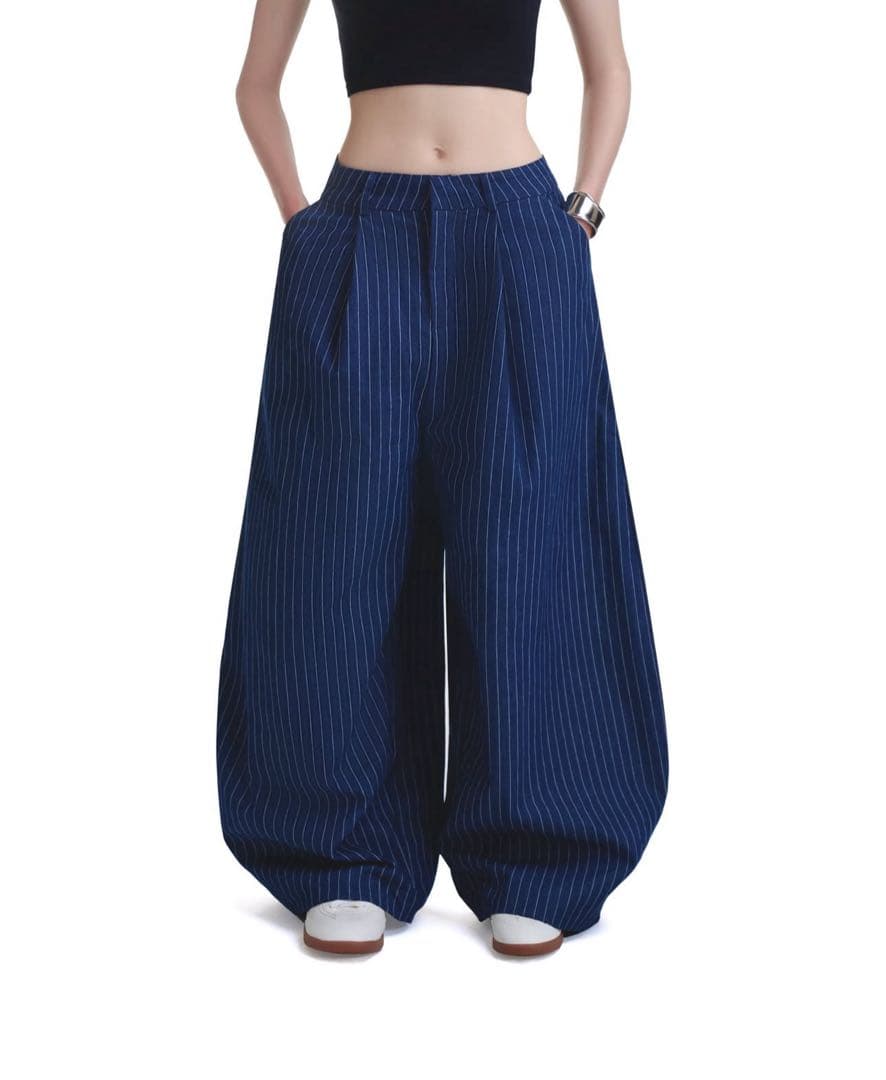 XLサイズ PUSH ワイドとネイビーパンツ ブラック ストライプ デニム