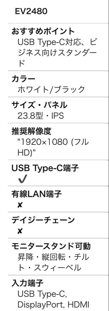EIZO FlexScan EV2480 カラー液晶モニター 本体　保証書付