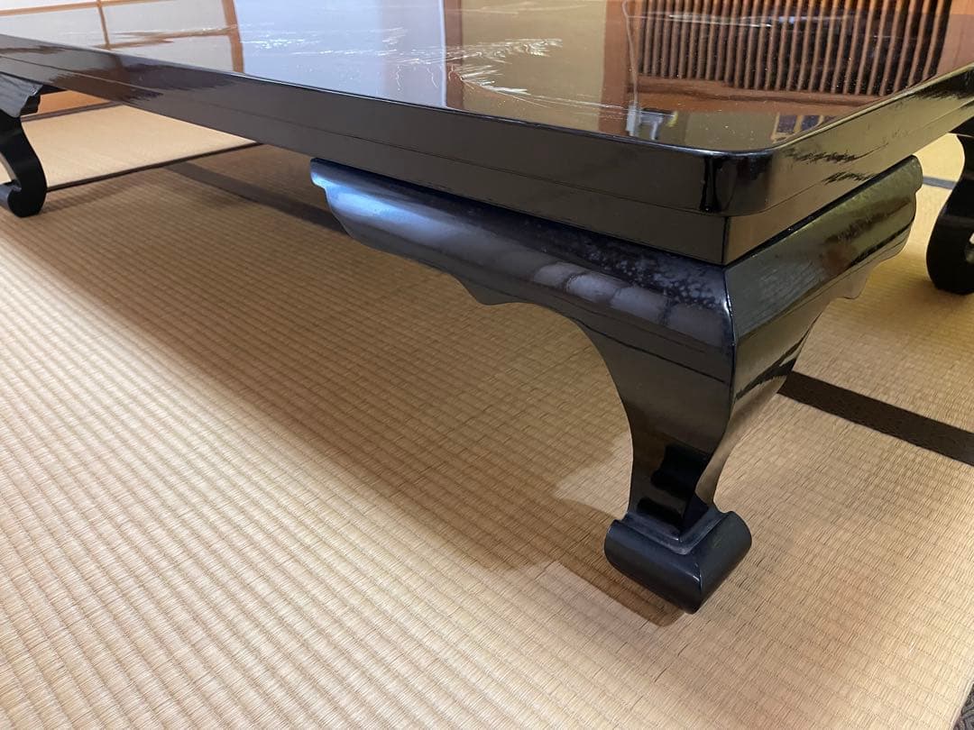 螺鈿細工 鶴 松 木製漆塗り 大型座卓 センターテーブル 黒　ビンテージ