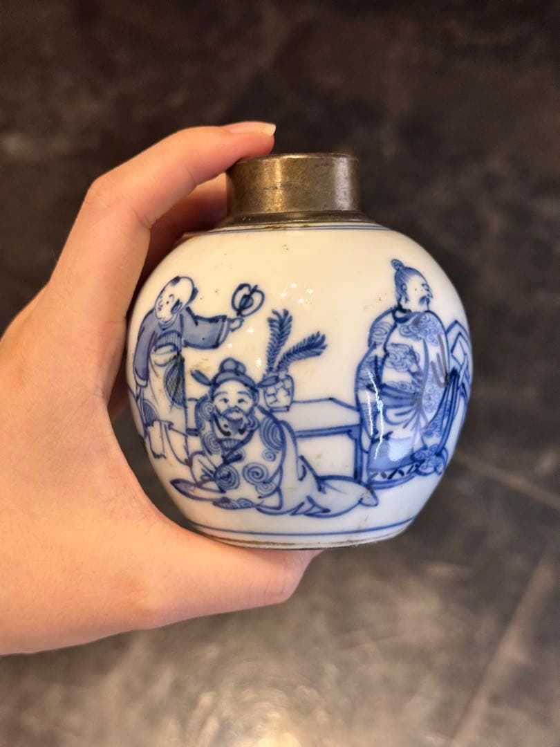 中国清代　人物染付茶葉缶　錫蓋　二重蓋　手描き　古美術　中国古陶磁　茶道具