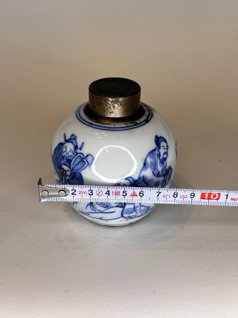 中国清代　人物染付茶葉缶　錫蓋　二重蓋　手描き　古美術　中国古陶磁　茶道具