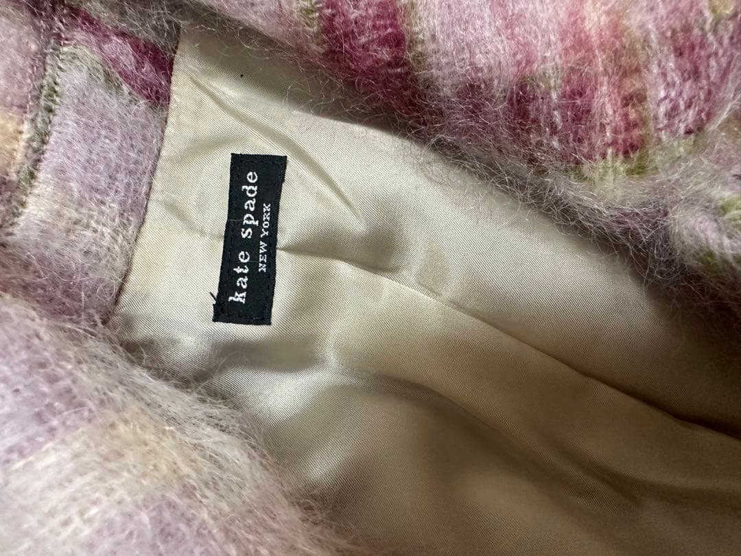 kate spade パープル系チェック柄 モヘア　シャギーコート