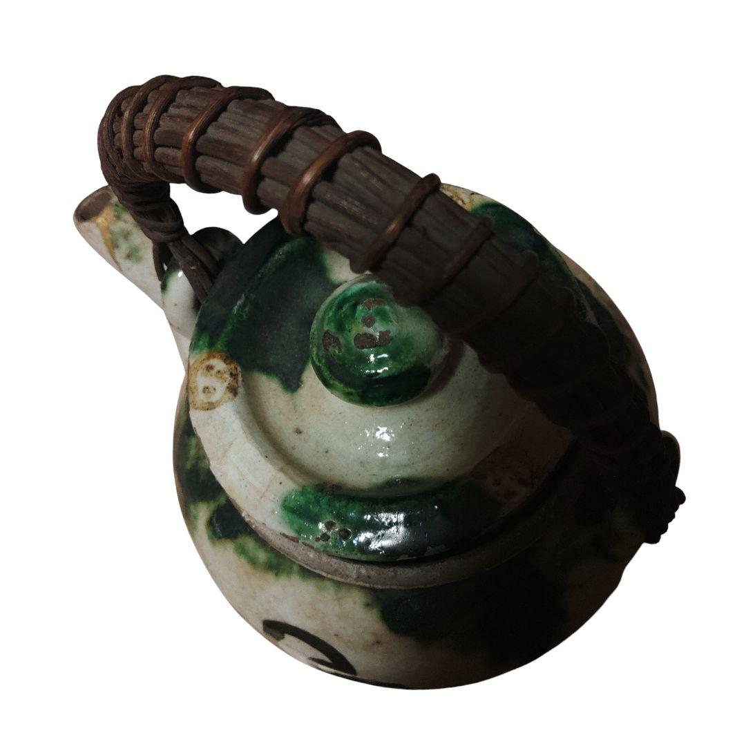 越後豊栄　太丘焼　織部釉土瓶　太丘銘　茶道