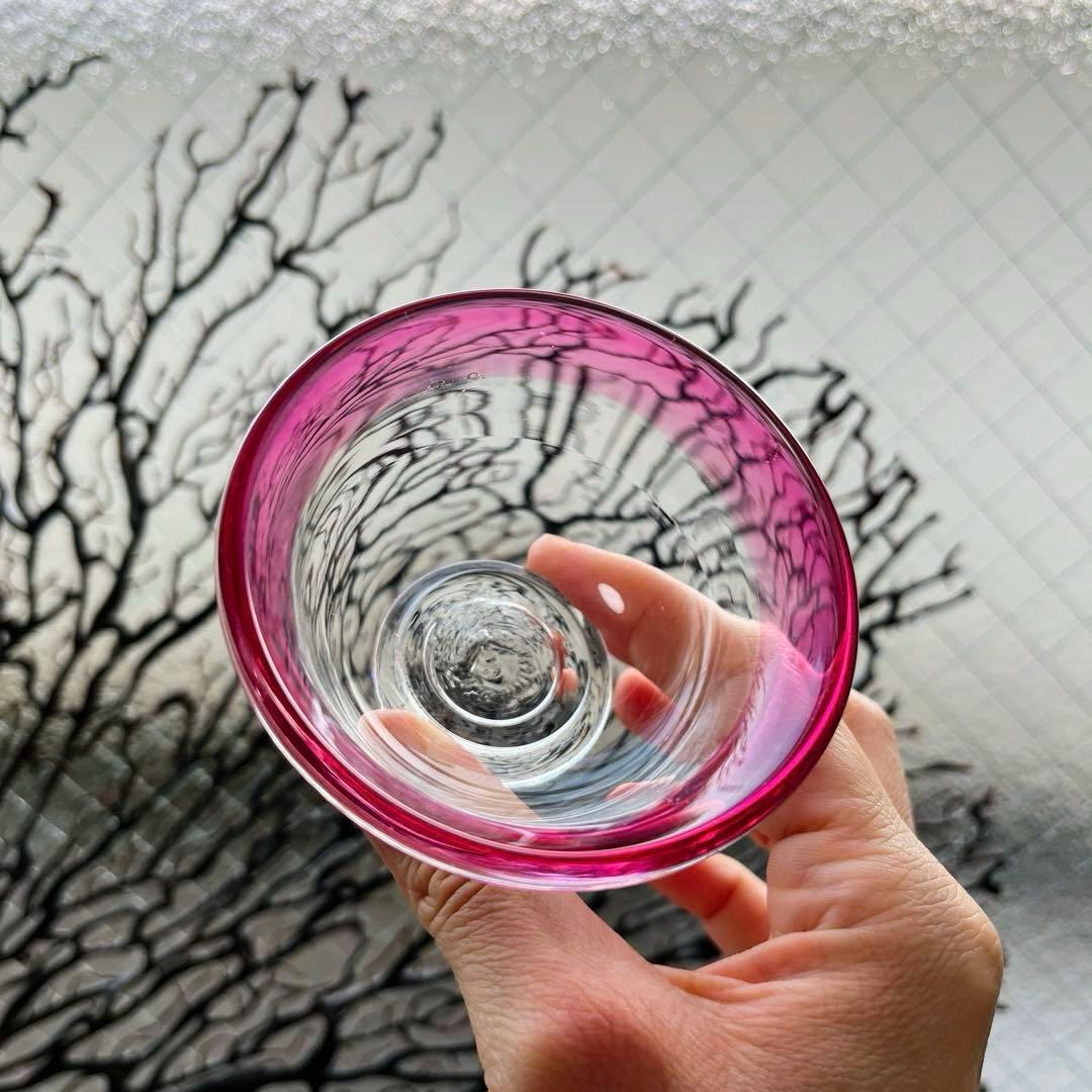 骨董　時代ガラス　金赤フチ　希少　桃色リップ　反り口　碗型　豆鉢　小鉢　氷鉢１客