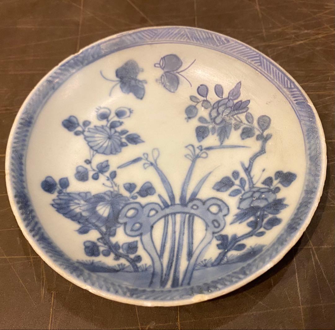 景徳鎮窯染付絵皿　鑑賞台付 ・沈船品　ヴィンテージ　レア ・台湾茶器