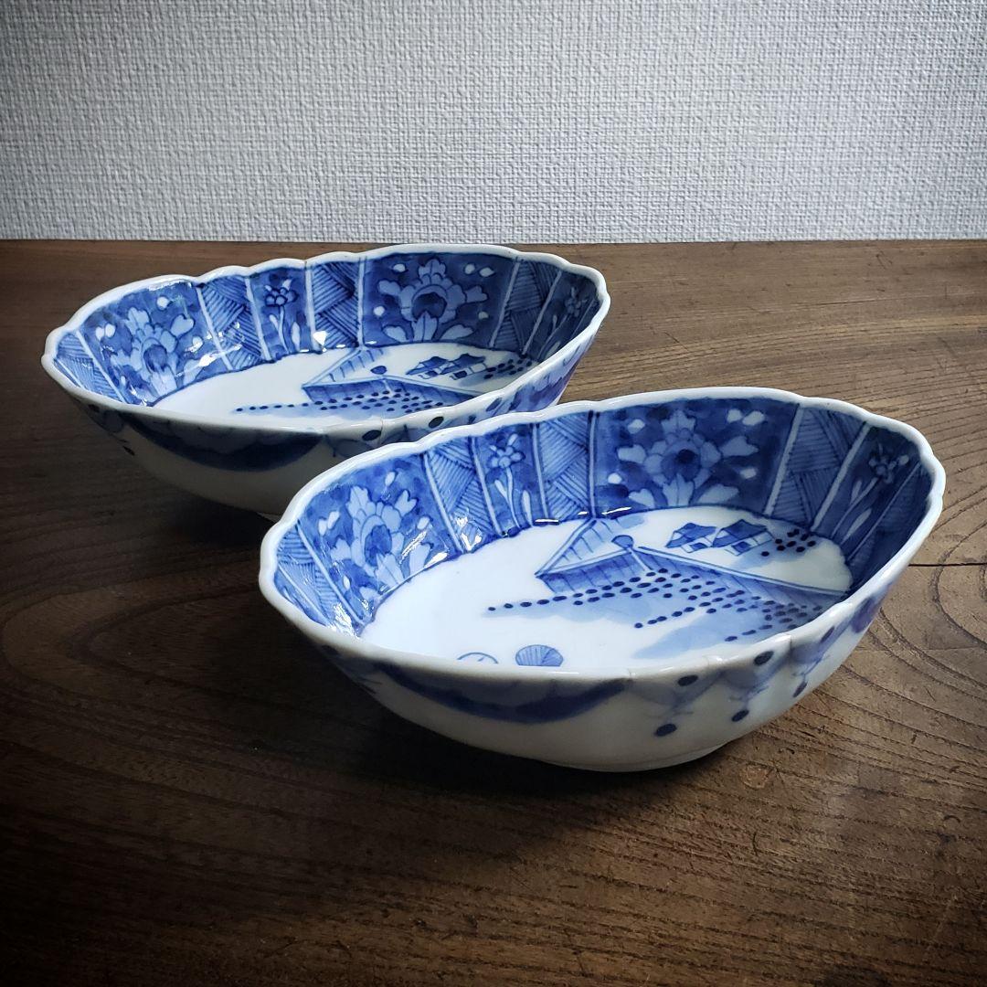 変形皿　舟形　染付　2客　銘　古伊万里　明治　変わり図柄　芙蓉手