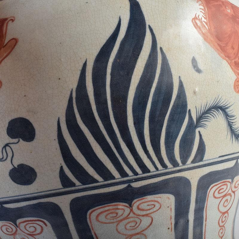 大発中国　辰砂　花弁魚藻文　獅子摘　蓋壺　Ｃ　8939Ａ