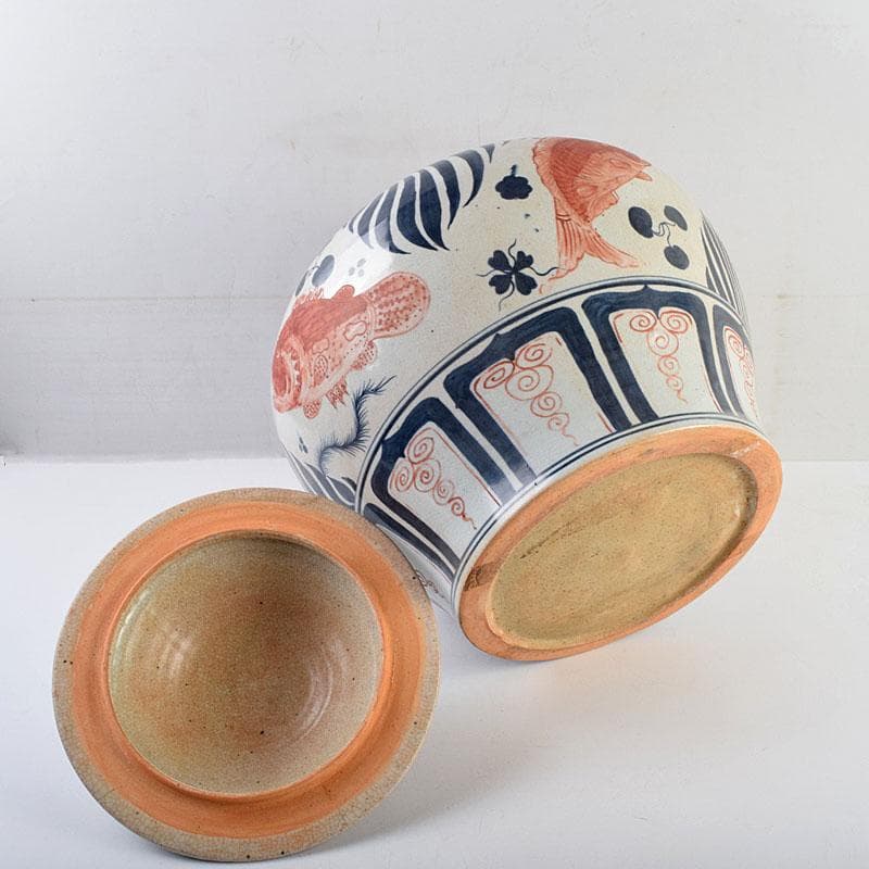 大発中国　辰砂　花弁魚藻文　獅子摘　蓋壺　Ｃ　8939Ａ