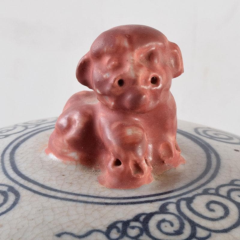 大発中国　辰砂　花弁魚藻文　獅子摘　蓋壺　Ｃ　8939Ａ