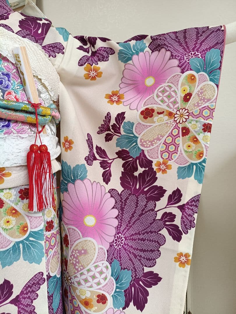 新品着物☆クリーム色大きな花模様着物☆作り帯フルセット
