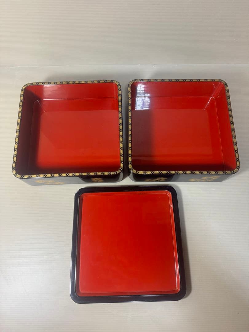 2445 輪島塗　金蒔絵　松鶴文　二重箱