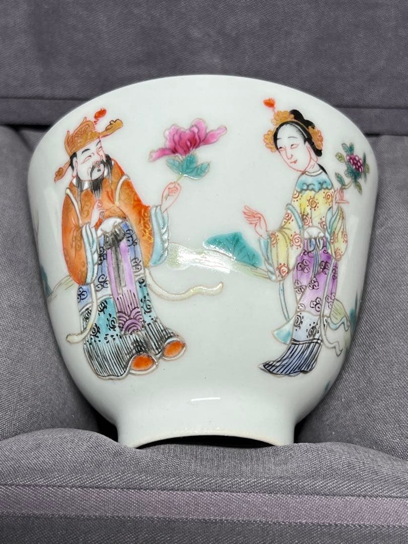 中国古美術 古磁 玩玉在銘 湯呑み 6点セット 手描き 細工粉彩 茶道具 箱付き