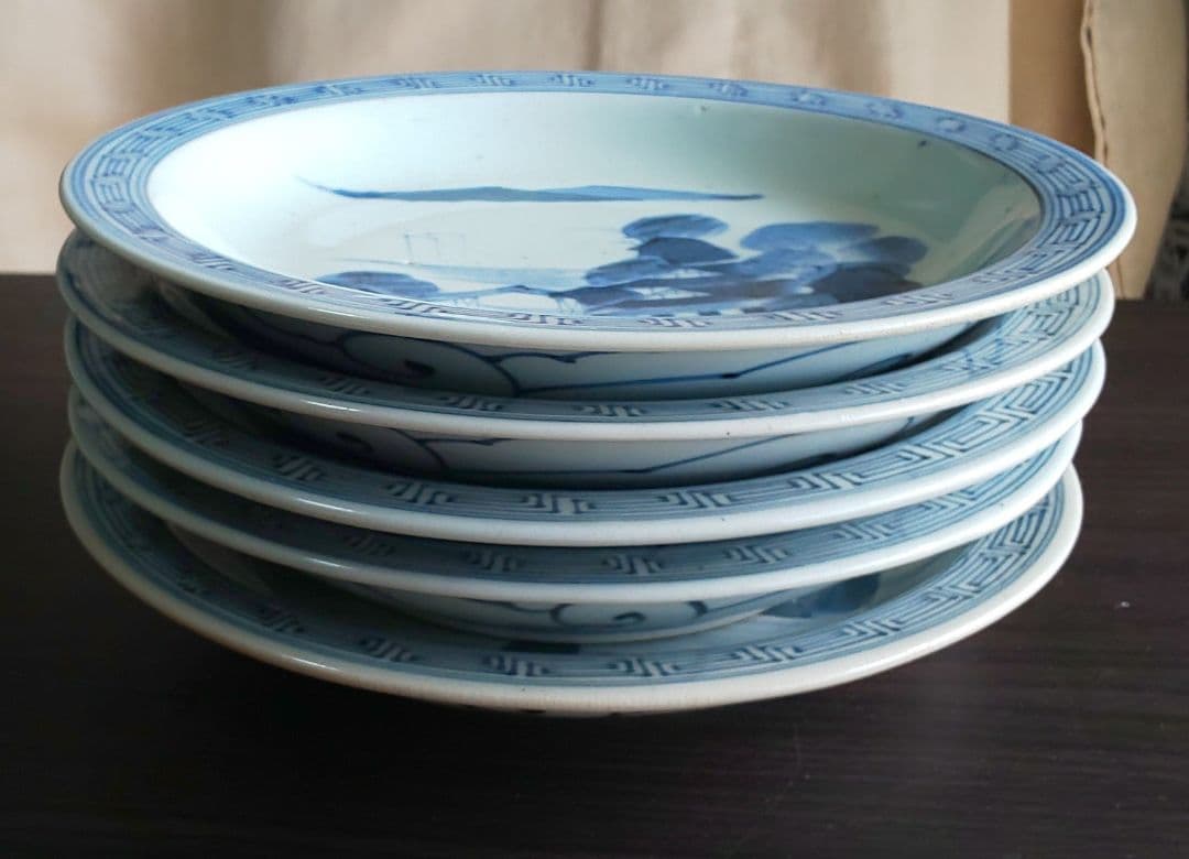 古伊万里 青白磁山水図 平皿5枚セット