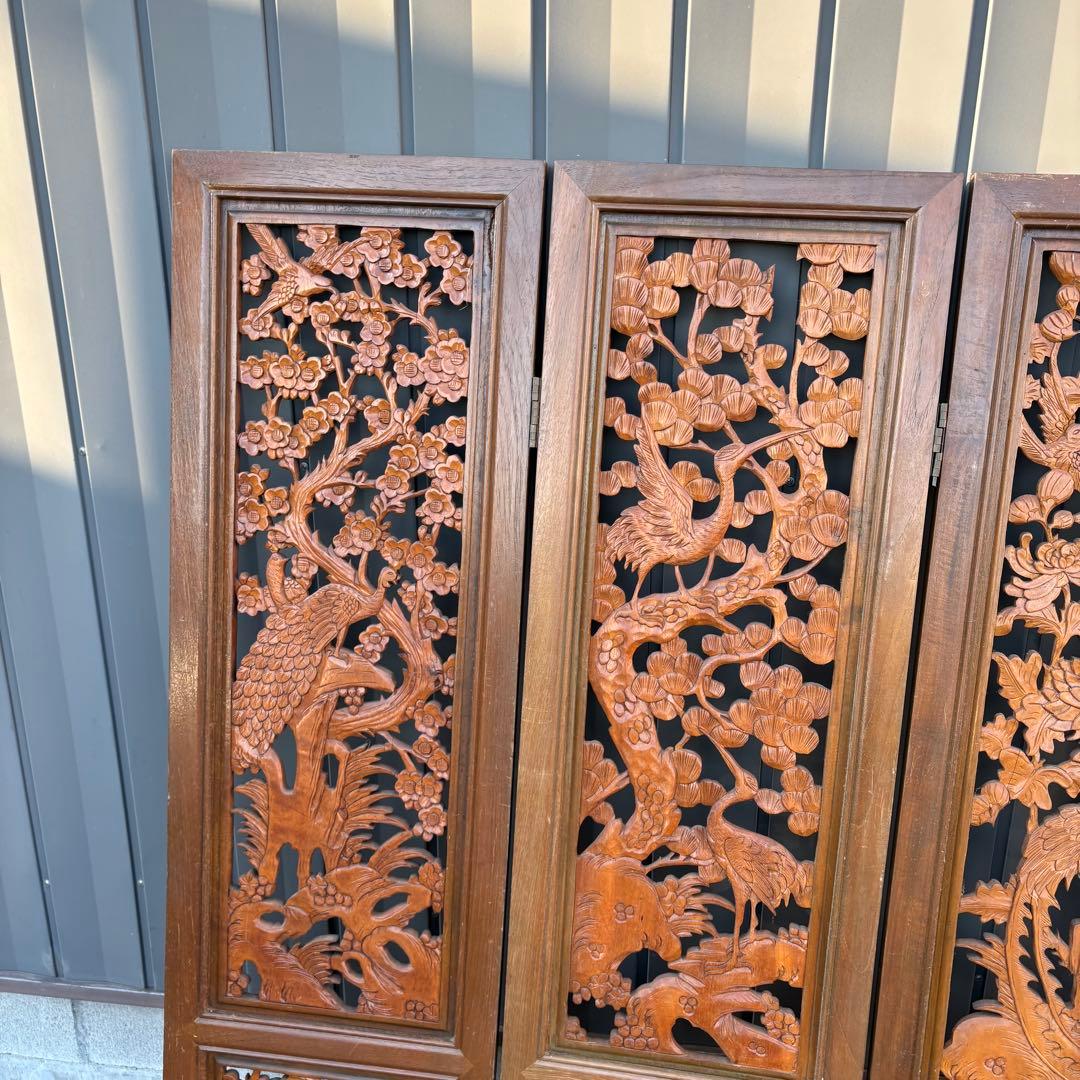 アンティーク 衝立 四面 透かし彫り パーテーション 木彫り 鶴 松 竹 花 鳥