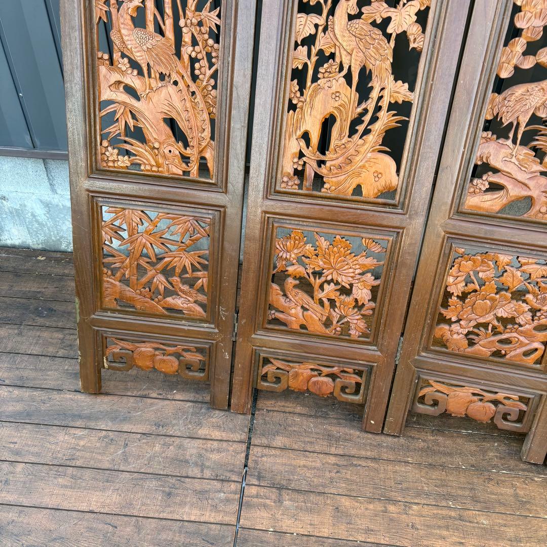 アンティーク 衝立 四面 透かし彫り パーテーション 木彫り 鶴 松 竹 花 鳥