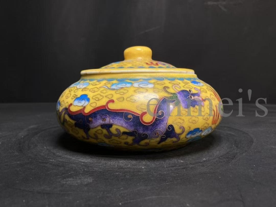 中国古美術・大明成化年製款・掐絲琺瑯龍雲文囲碁罐・蓋付飾壺・陶器・文房置物・風水
