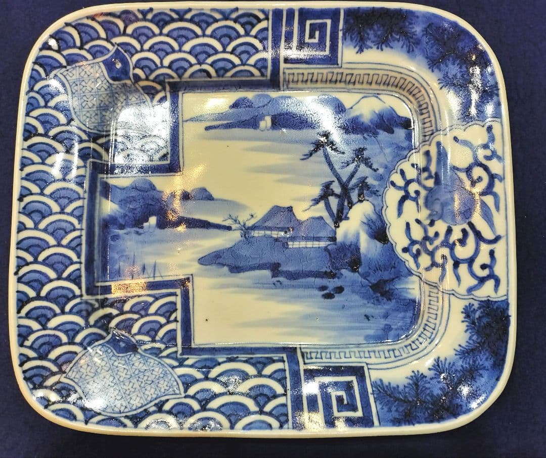 お値下げしました、古伊万里　染付　波千鳥　角皿