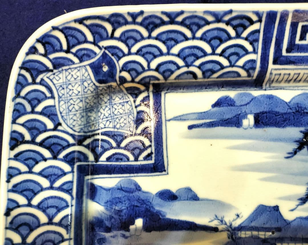 お値下げしました、古伊万里　染付　波千鳥　角皿
