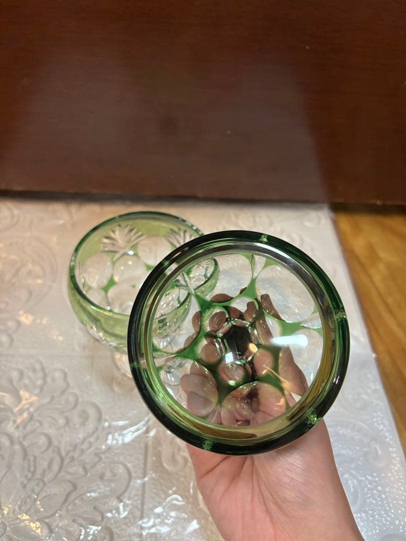 KAGAMI カガミクリスタル 江戸切子 緑切子　キャンディポット